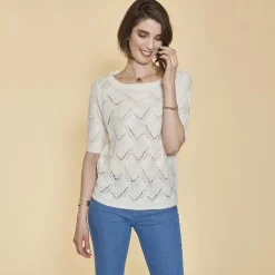 Pull manches aux coudes maille fantaisie aspect mohair femme - écru blanc