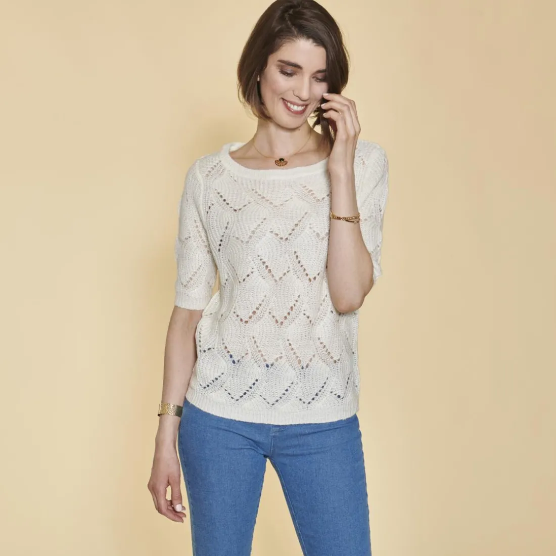 Pull manches aux coudes maille fantaisie aspect mohair femme - écru blanc