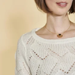Pull manches aux coudes maille fantaisie aspect mohair femme - écru blanc