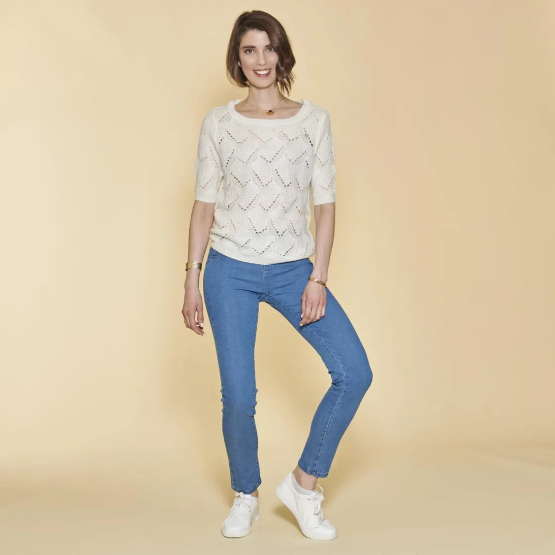 Pull manches aux coudes maille fantaisie aspect mohair femme - écru blanc