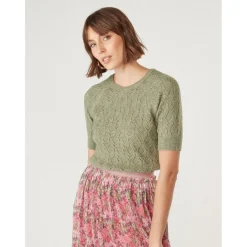 Pull manches courtes maille ajouré vert