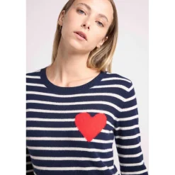 Pull mariniere col rond love heritage ARIANE en cachemire bleu cœur rouge