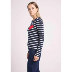 Pull mariniere col rond love heritage ARIANE en cachemire bleu cœur rouge