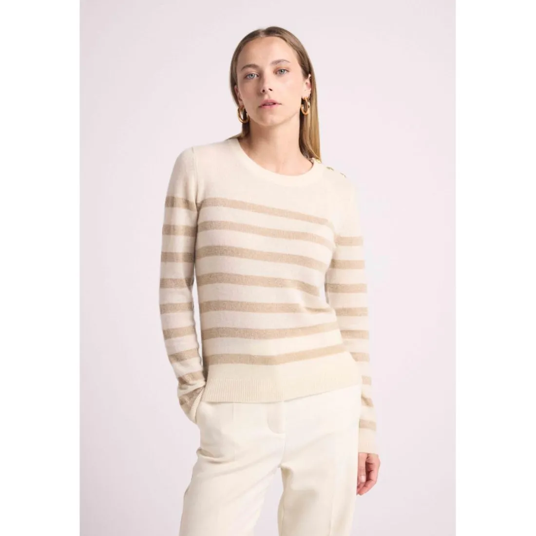 Pull Mariniere femme ZAROL en cachemire ecru dore