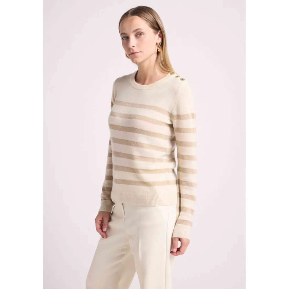 Pull Mariniere femme ZAROL en cachemire ecru dore