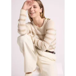 Pull Mariniere femme ZAROL en cachemire ecru dore