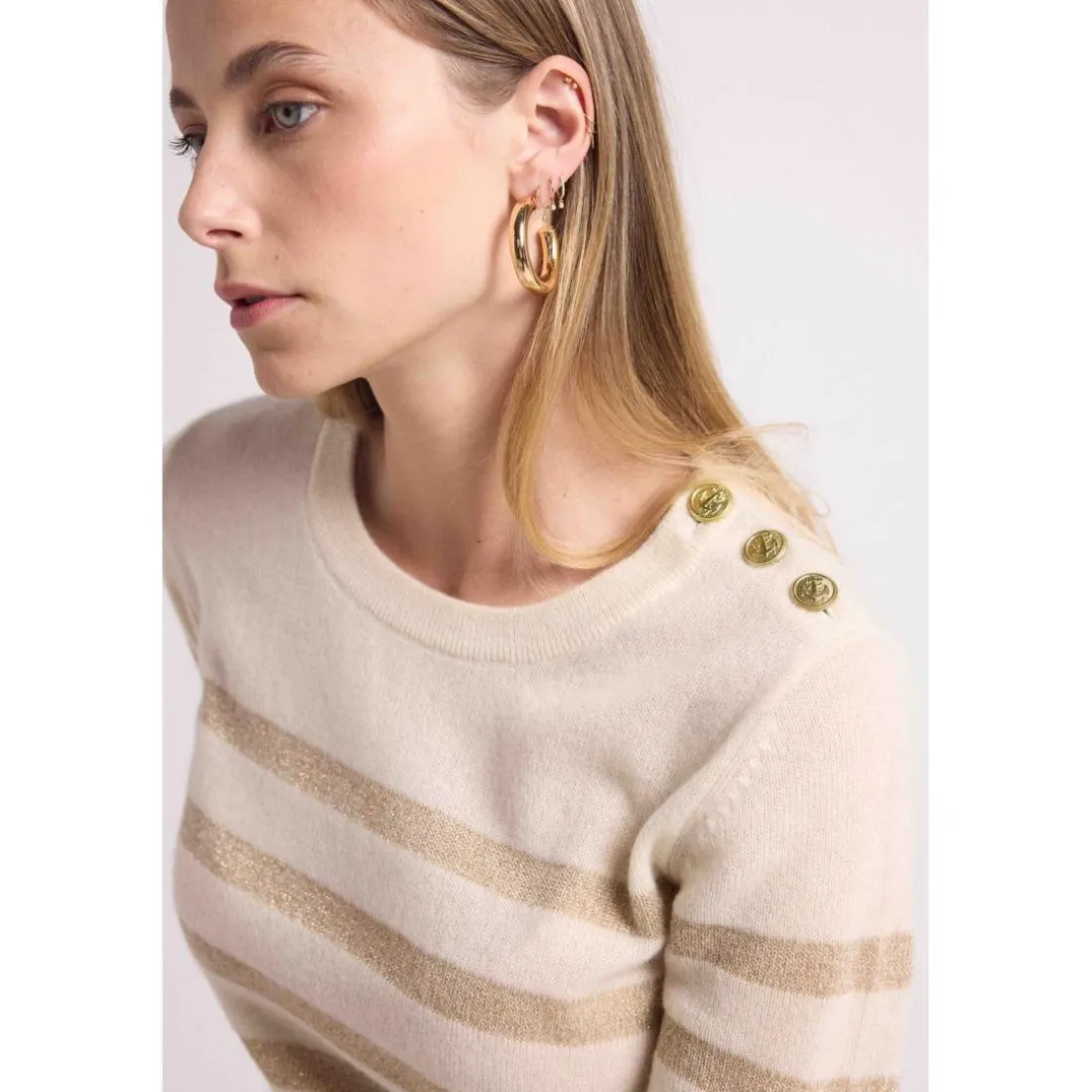 Pull Mariniere femme ZAROL en cachemire ecru dore