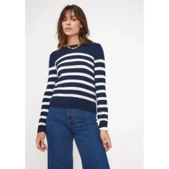 Pull Mariniere femme ZAROL en cachemire bleu marine ecru