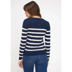 Pull Mariniere femme ZAROL en cachemire bleu marine ecru
