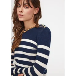 Pull Mariniere femme ZAROL en cachemire bleu marine ecru