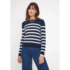 Pull Mariniere femme ZAROL en cachemire bleu marine ecru