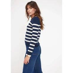 Pull Mariniere femme ZAROL en cachemire bleu marine ecru