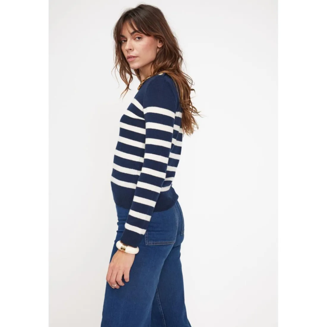 Pull Mariniere femme ZAROL en cachemire bleu marine ecru