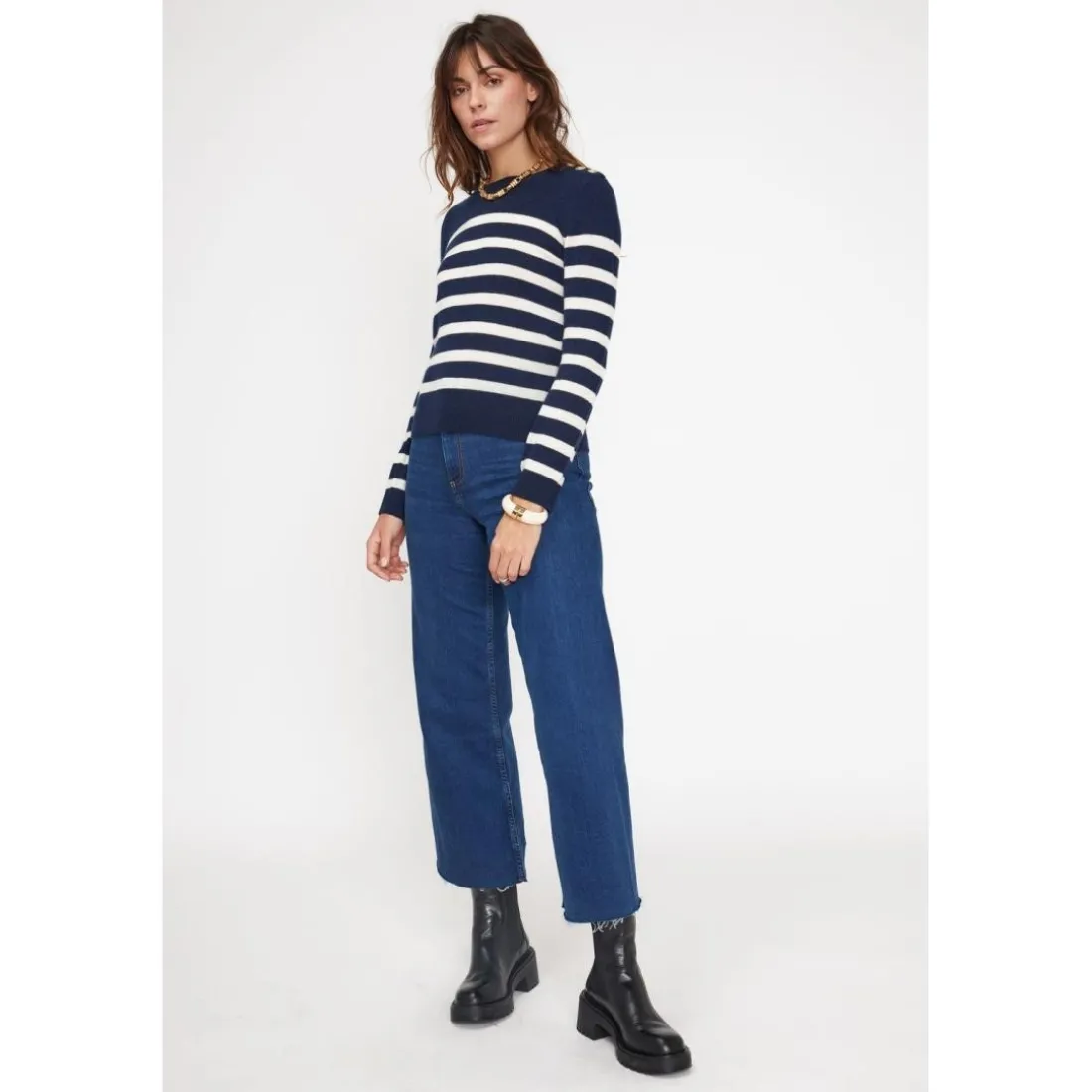 Pull Mariniere femme ZAROL en cachemire bleu marine ecru