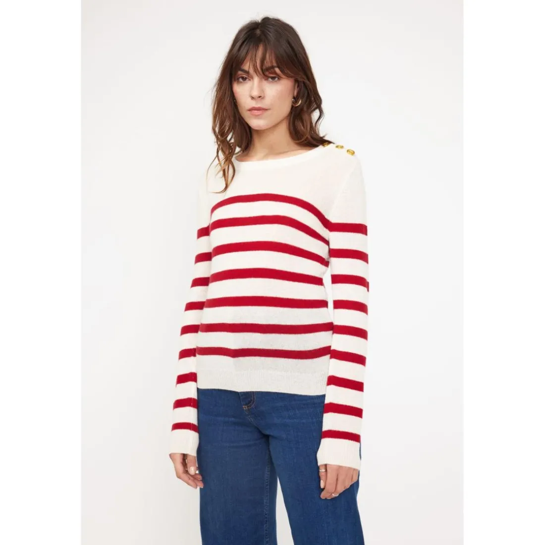 Pull Mariniere femme ZAROL en cachemire ecru rouge