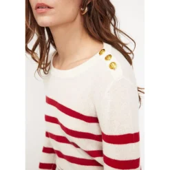 Pull Mariniere femme ZAROL en cachemire ecru rouge