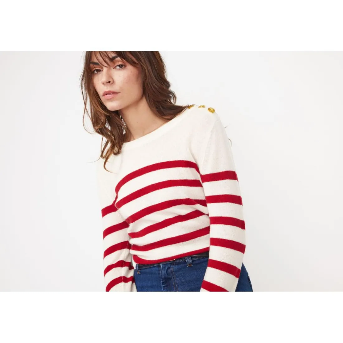 Pull Mariniere femme ZAROL en cachemire ecru rouge