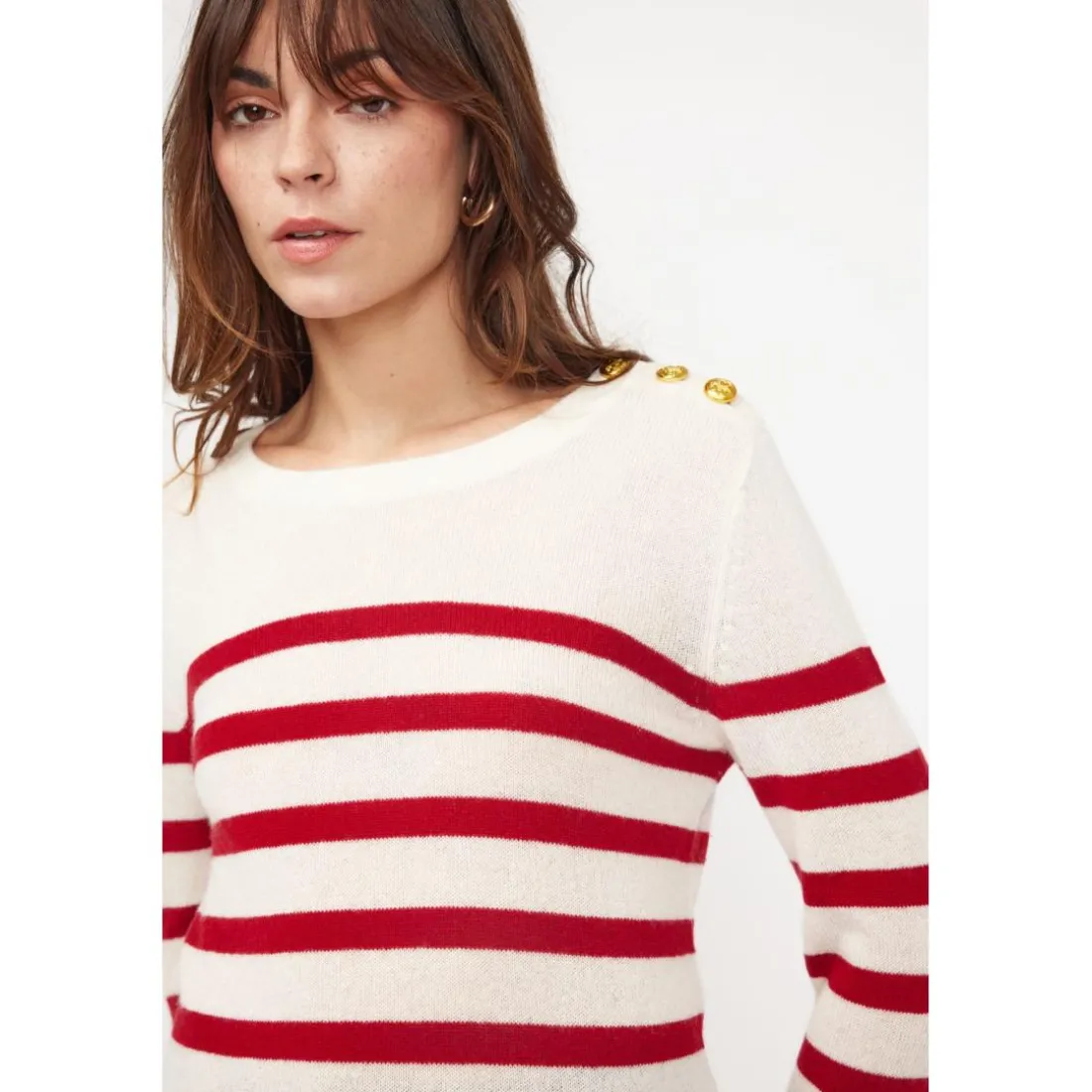 Pull Mariniere femme ZAROL en cachemire ecru rouge