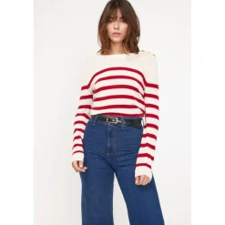 Pull Mariniere femme ZAROL en cachemire ecru rouge