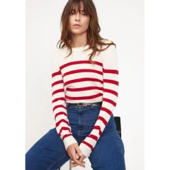 Pull Mariniere femme ZAROL en cachemire ecru rouge