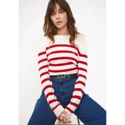 Pull Mariniere femme ZAROL en cachemire ecru rouge