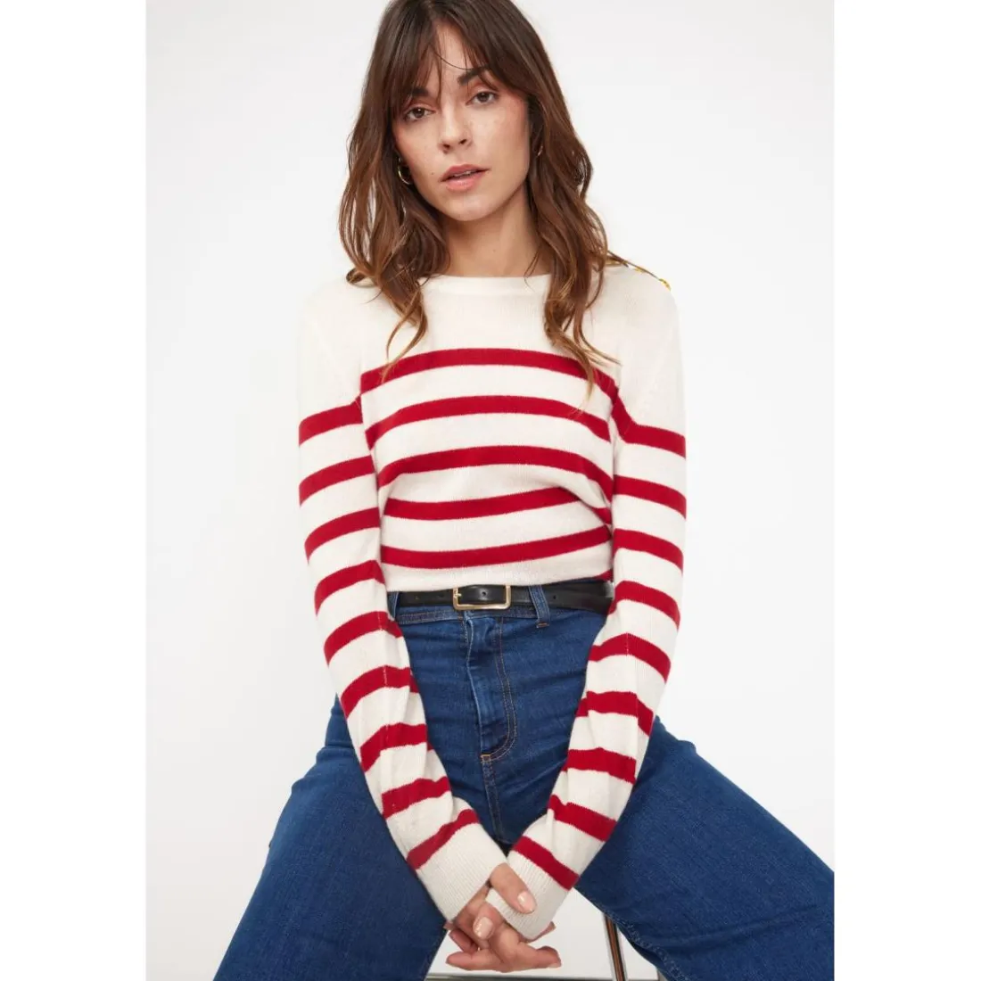 Pull Mariniere femme ZAROL en cachemire ecru rouge