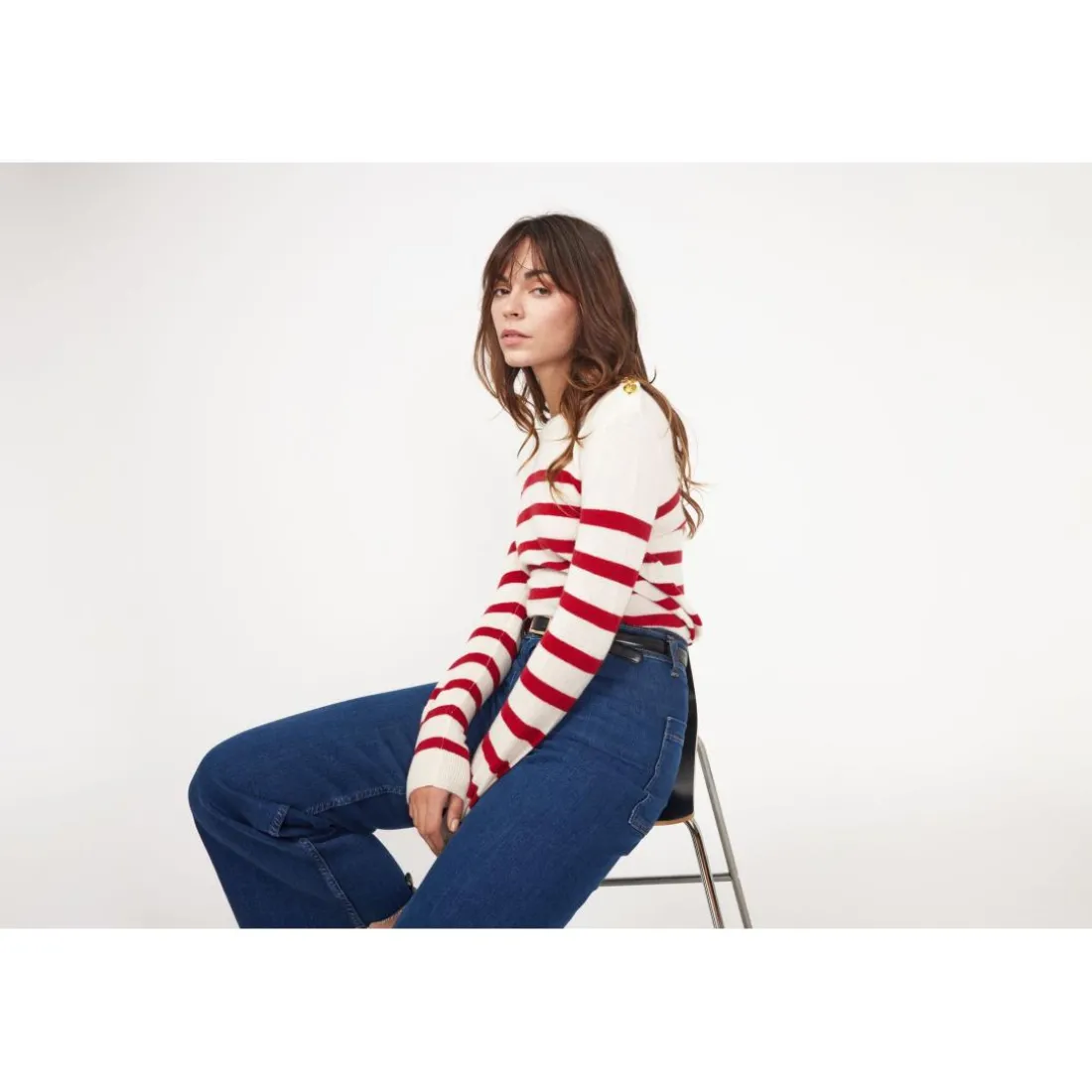 Pull Mariniere femme ZAROL en cachemire ecru rouge