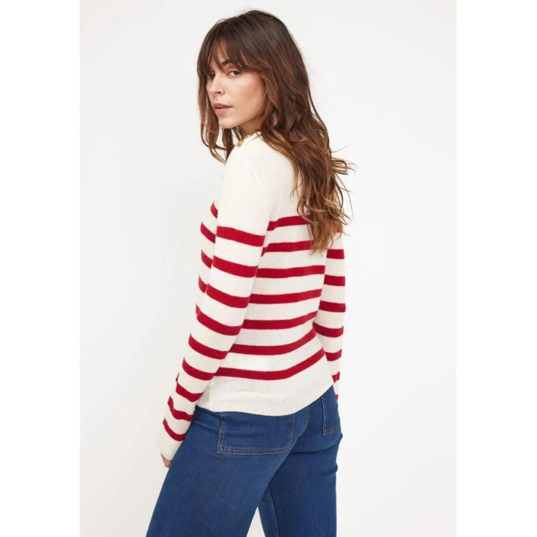 Pull Mariniere femme ZAROL en cachemire ecru rouge