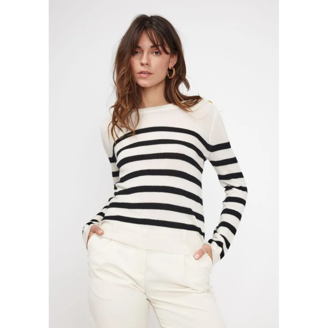 Pull Mariniere femme ZAROL en cachemire ecru noir