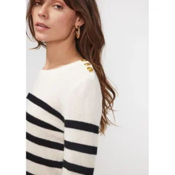 Pull Mariniere femme ZAROL en cachemire ecru noir