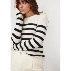 Pull Mariniere femme ZAROL en cachemire ecru noir