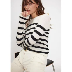 Pull Mariniere femme ZAROL en cachemire ecru noir