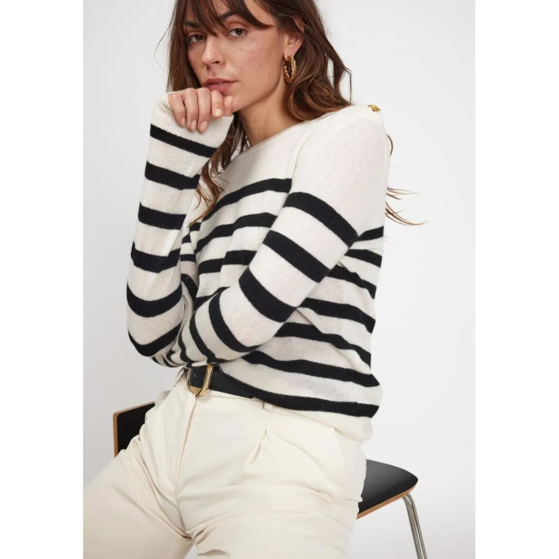Pull Mariniere femme ZAROL en cachemire ecru noir