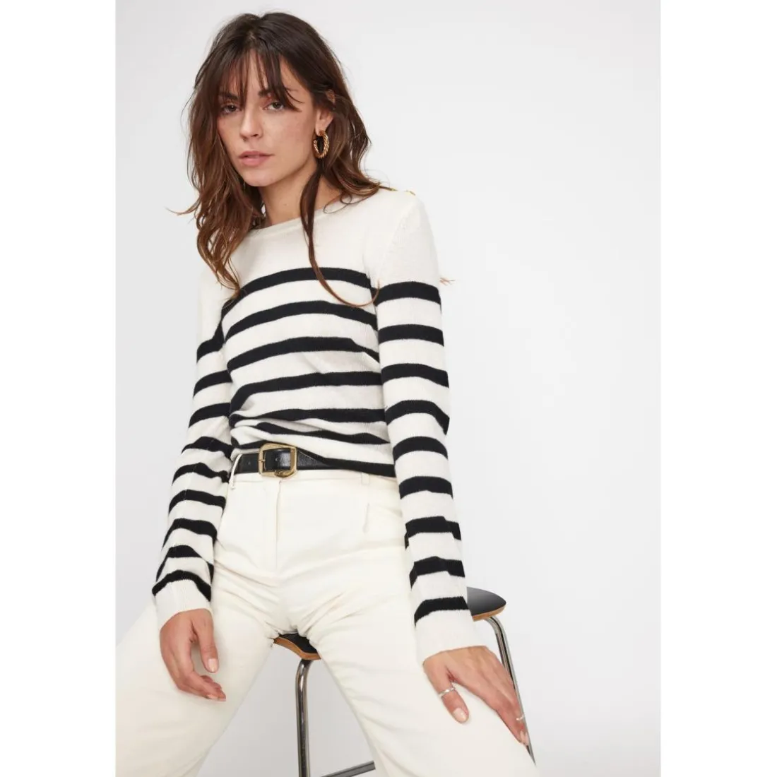 Pull Mariniere femme ZAROL en cachemire ecru noir