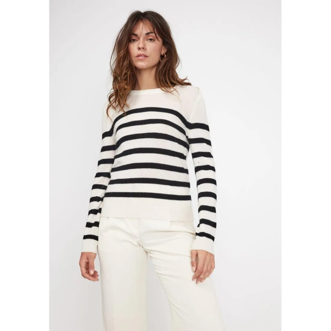 Pull Mariniere femme ZAROL en cachemire ecru noir