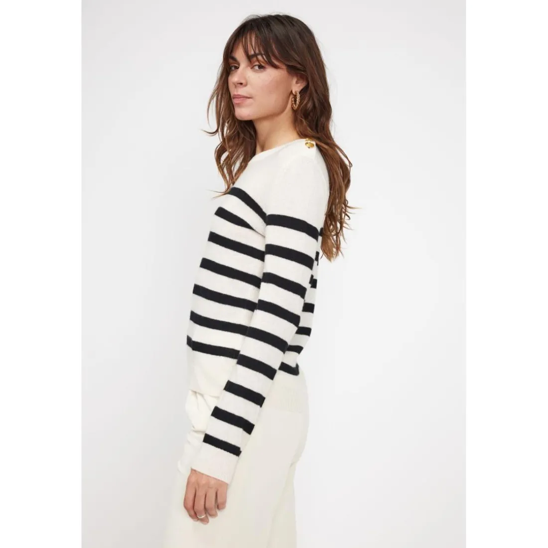 Pull Mariniere femme ZAROL en cachemire ecru noir