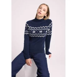 Pull montagne col montant CLARA en cachemire bleu marine et blanc