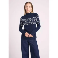 Pull montagne col montant CLARA en cachemire bleu marine et blanc
