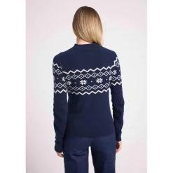 Pull montagne col montant CLARA en cachemire bleu marine et blanc