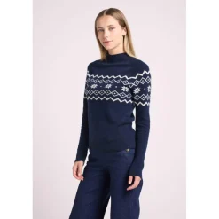 Pull montagne col montant CLARA en cachemire bleu marine et blanc