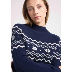 Pull montagne col montant CLARA en cachemire bleu marine et blanc
