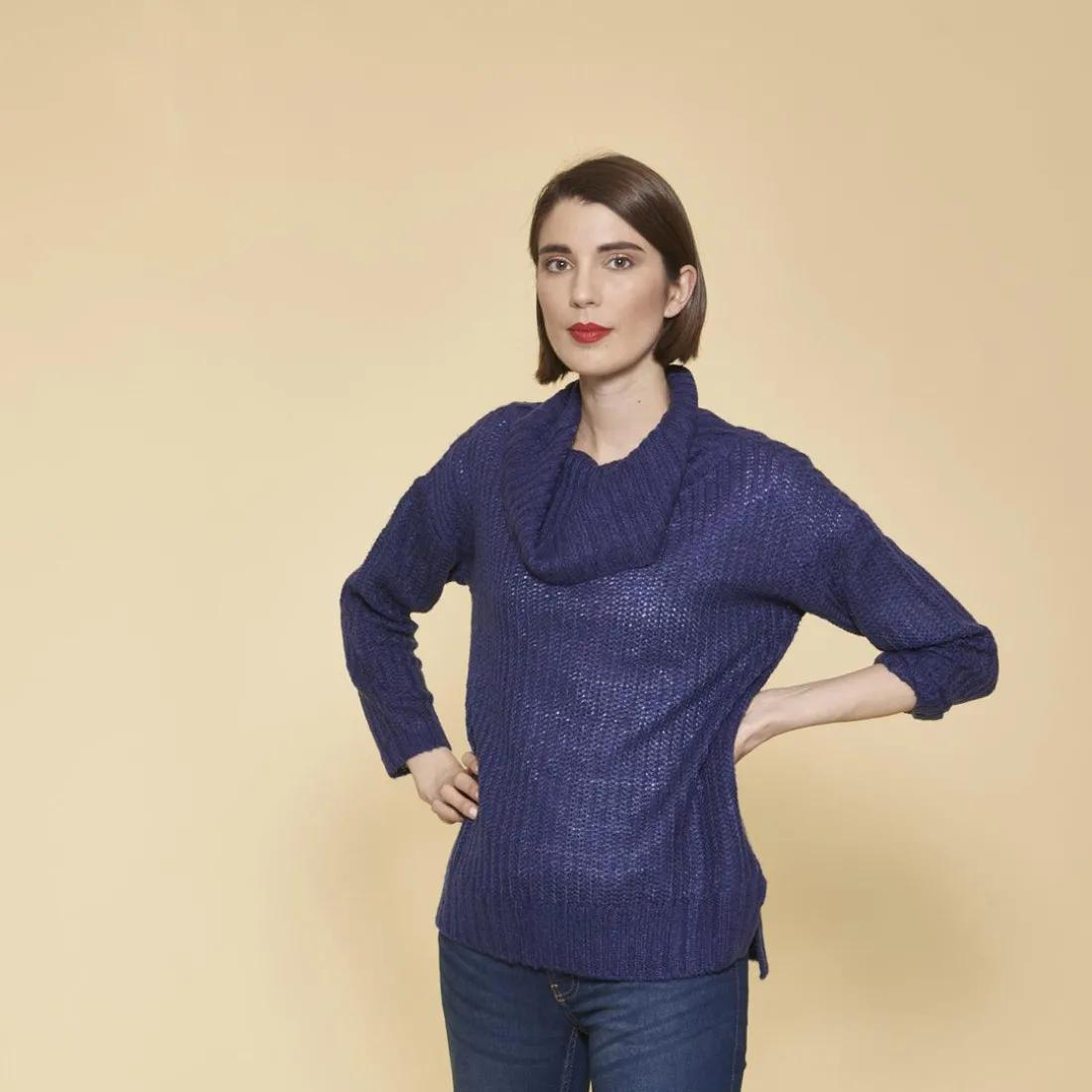 Pull oversize fendu et asymétrique col roulé manches longues femme - Bleu Dur