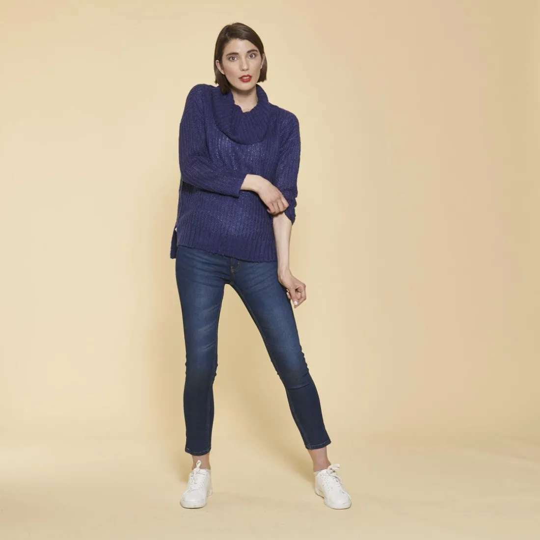 Pull oversize fendu et asymétrique col roulé manches longues femme - Bleu Dur