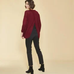 Pull poches plaquées bas arrondi fendu et dos croisé femme - Rouge Grenat