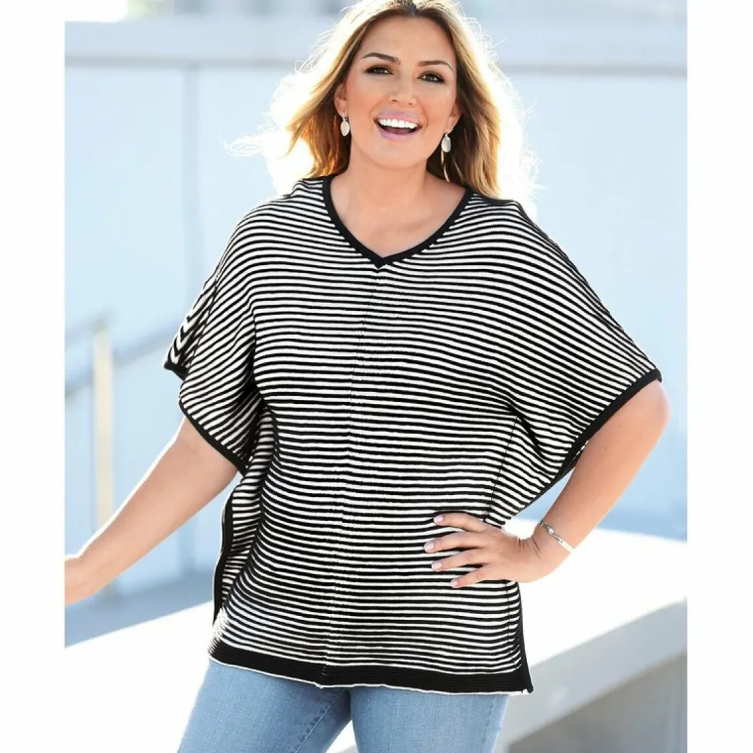 Pull poncho à rayures col en V femme - Blanc gris clair