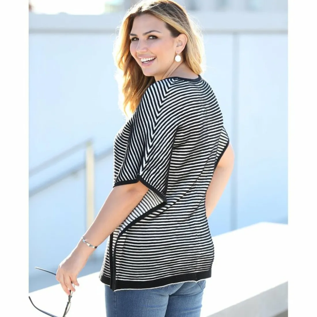 Pull poncho à rayures col en V femme - Blanc gris clair