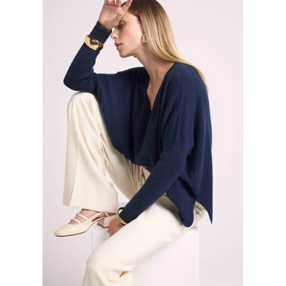 Pull poncho femme ZANCHA en cachemire bleu marine