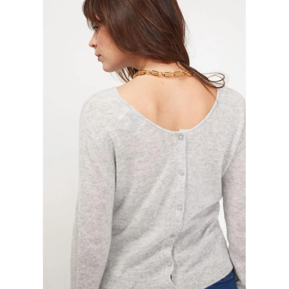 Pull reversible a boutons femme ZENIA en cachemire gris perle