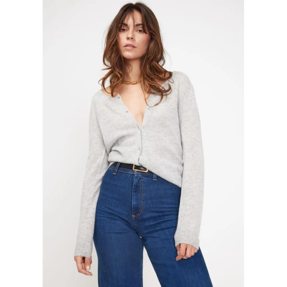 Pull reversible a boutons femme ZENIA en cachemire gris perle
