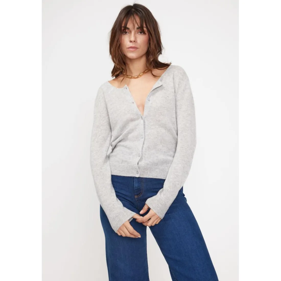 Pull reversible a boutons femme ZENIA en cachemire gris perle
